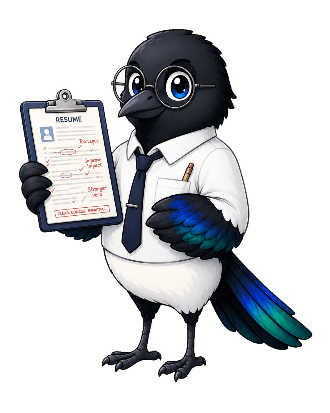 Maggy, a magpie in a shirt and tie, holding a marked-up resume